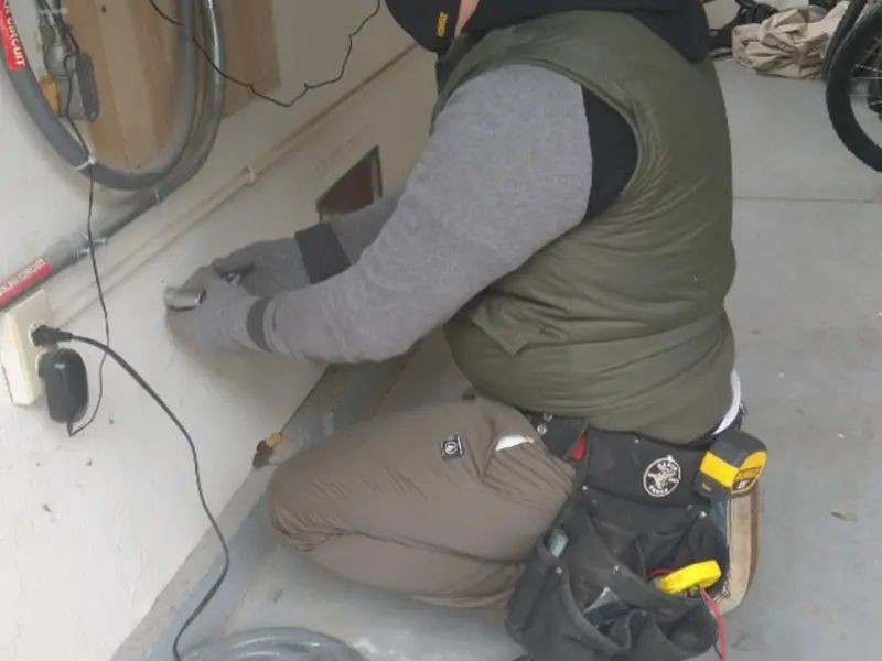 Electrician performing outlet wiring in a Union Beach garage